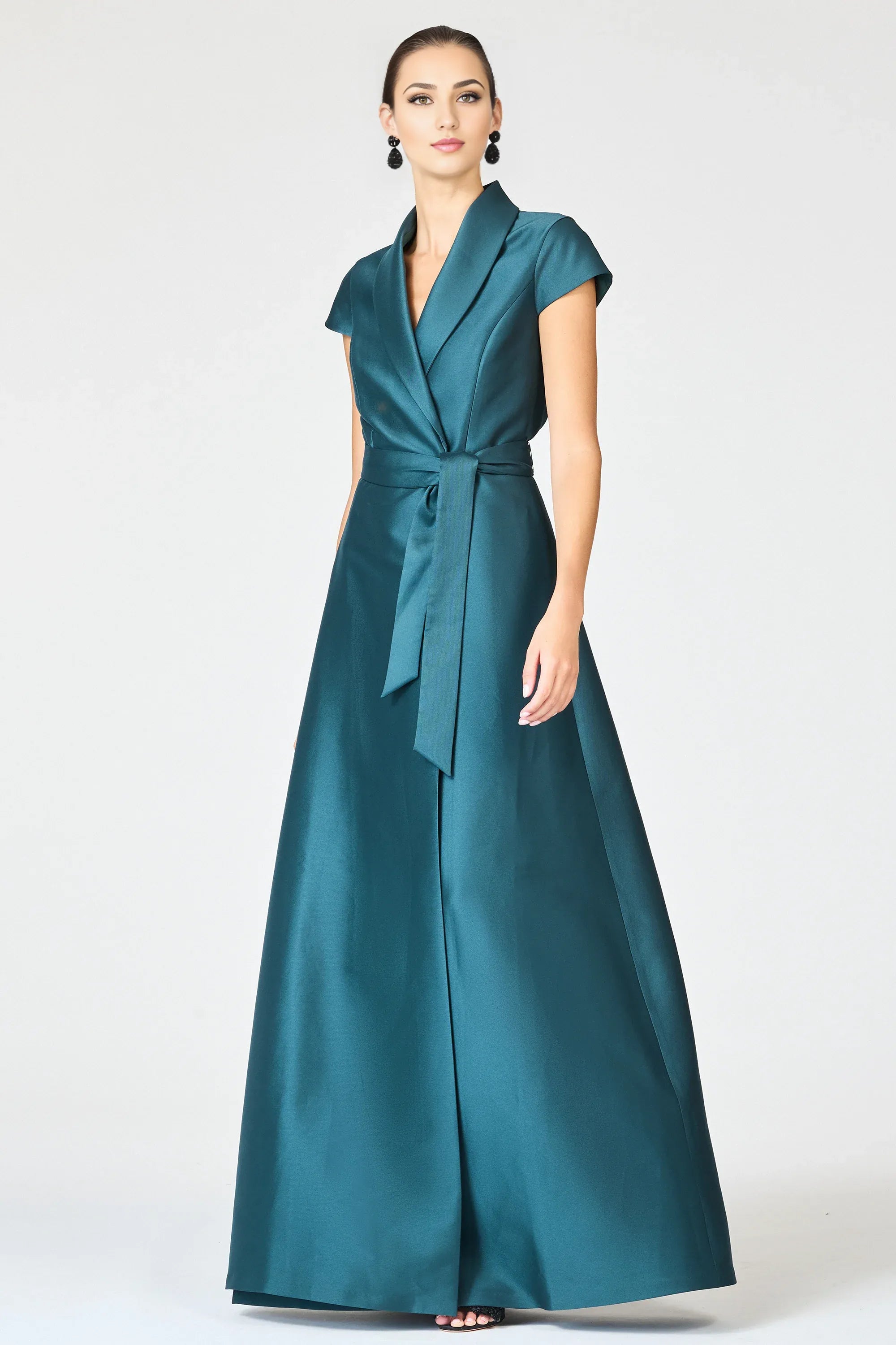 Tie Waist A Line Notch Neck Short Sleeve Zipper Back Floor Length For Sale Evening Dress