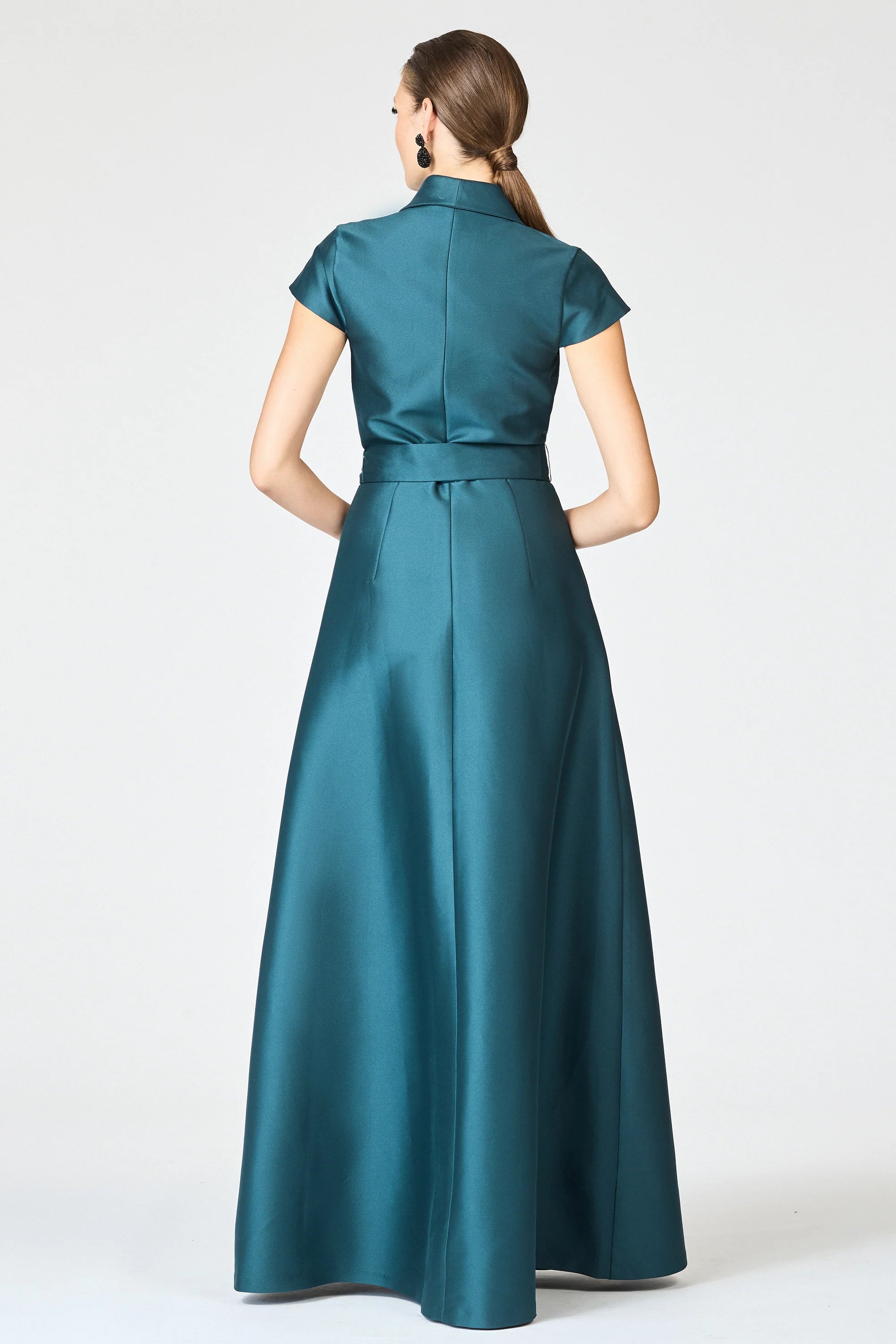 Tie Waist A Line Notch Neck Short Sleeve Zipper Back Floor Length For Sale Evening Dress