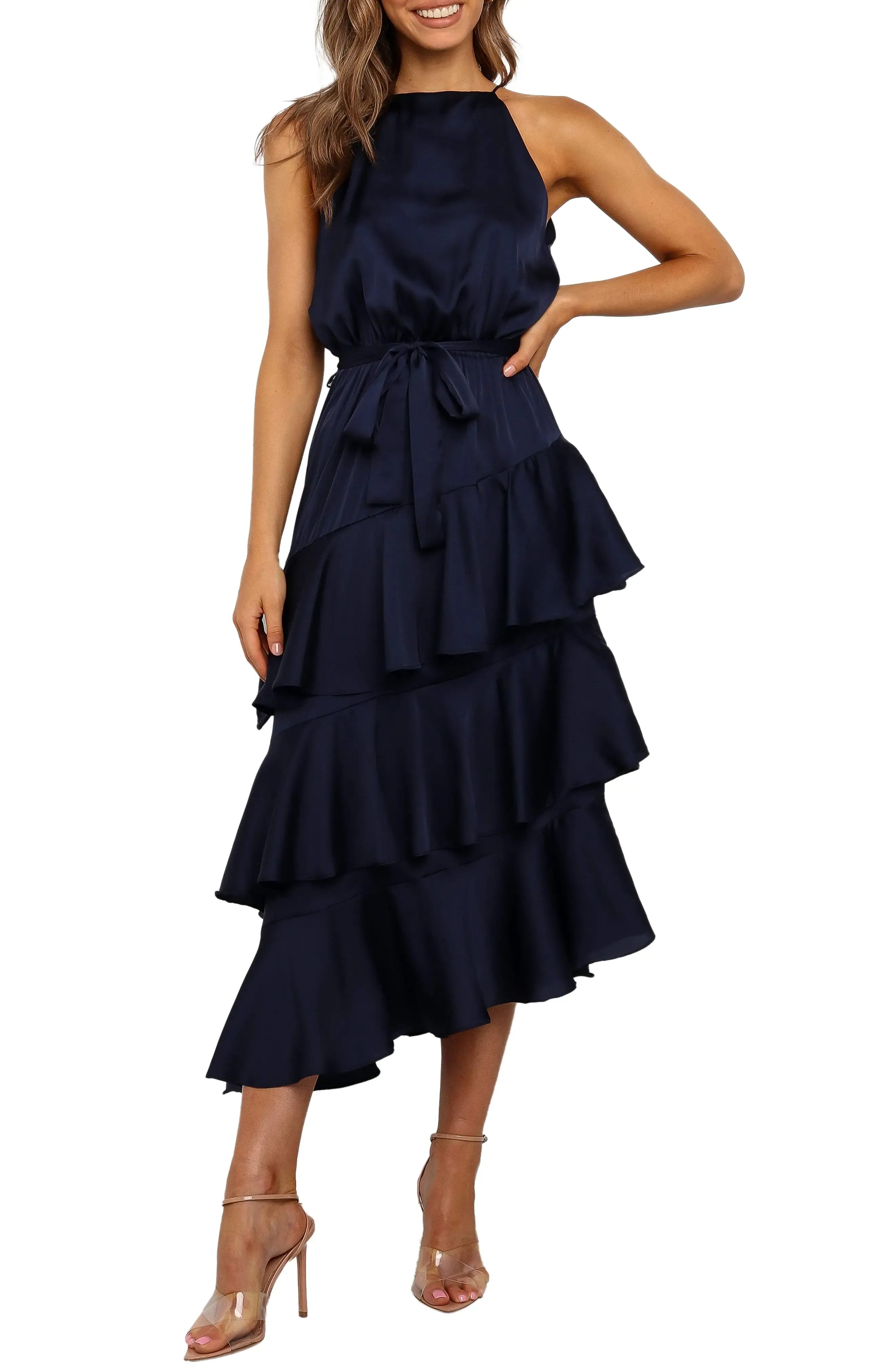 Tiered Flowy Halter Neck Sleeveless Open Back Asymmetrical Midi Length For Sale Evening Dress