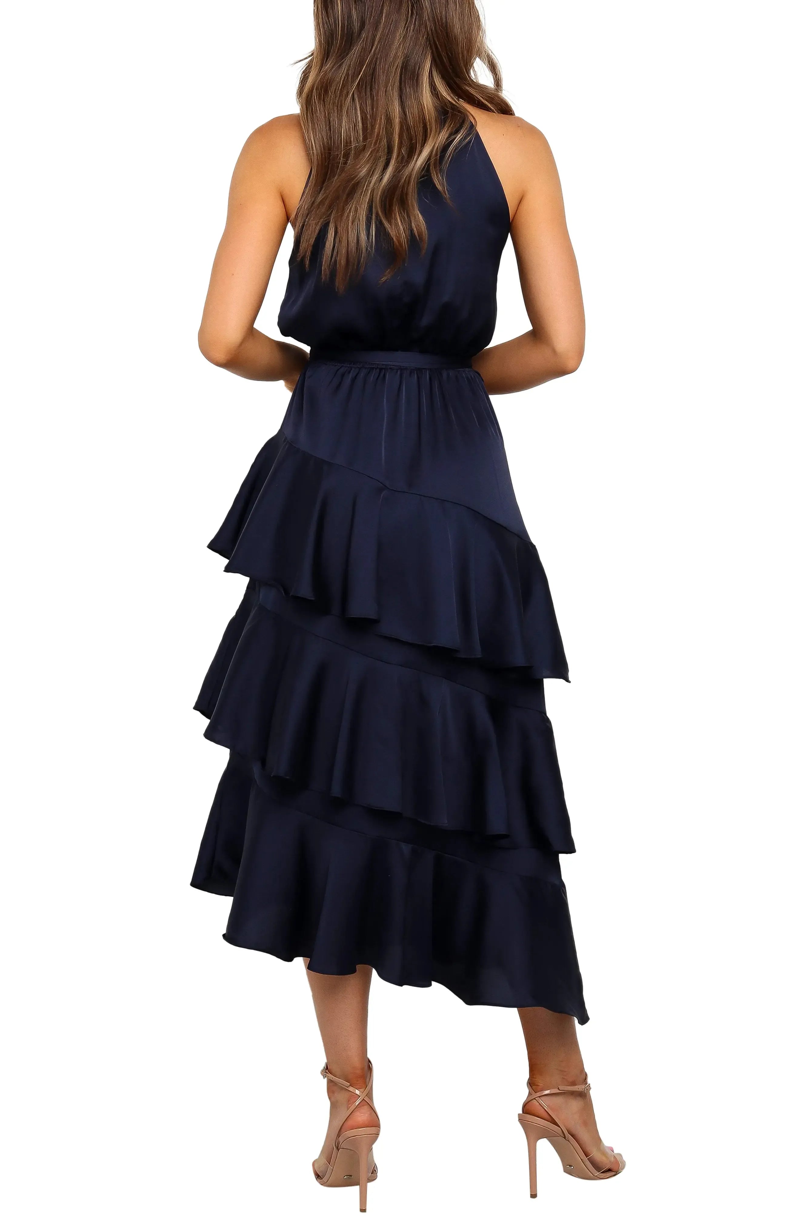 Tiered Flowy Halter Neck Sleeveless Open Back Asymmetrical Midi Length For Sale Evening Dress