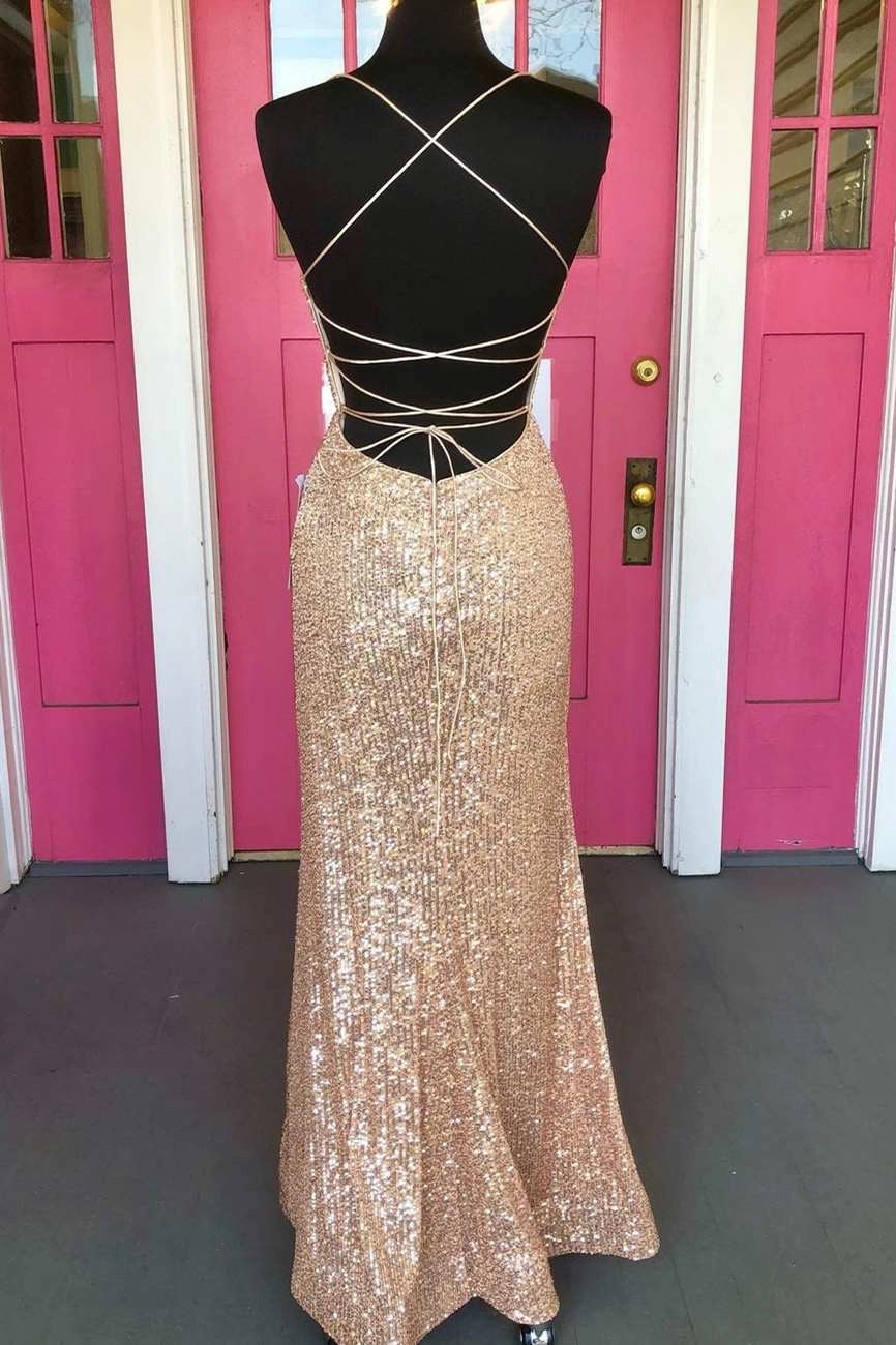 Tight Rose Gold Sequin Long Formal Dress Open Back simple gentle atmospheric and unique desi Bring summer colors to enhance whiteness