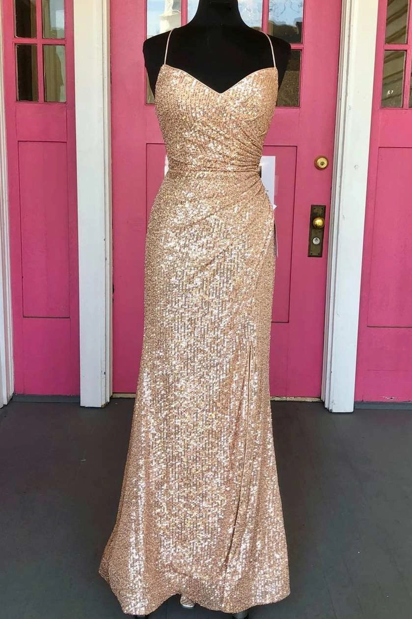 Tight Rose Gold Sequin Long Formal Dress Open Back simple gentle atmospheric and unique desi Bring summer colors to enhance whiteness