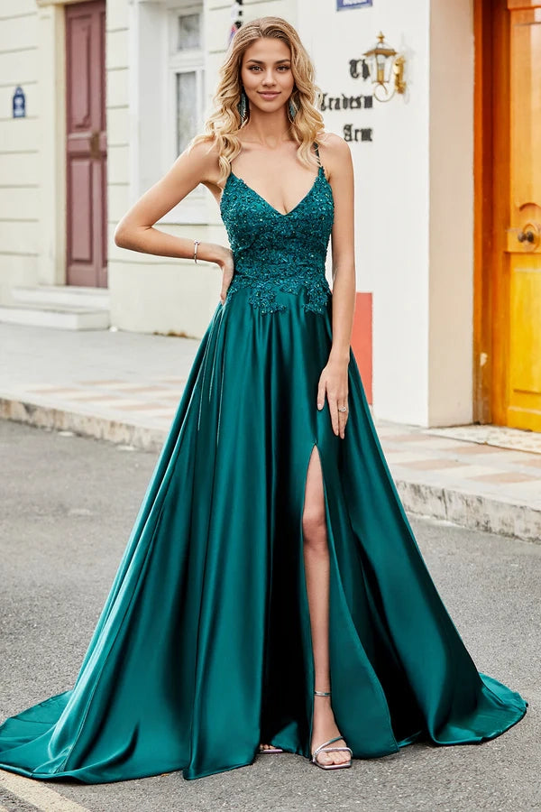 Trendy A Line Spaghetti Straps Peacock Green Long Prom Dress with Appliques simple gentle atmospheric and unique desi