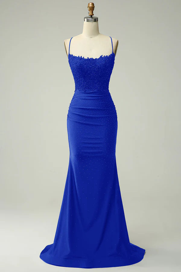 Trendy Mermaid Halter Neck Royal Blue Long Prom Dress with Appliques Beading