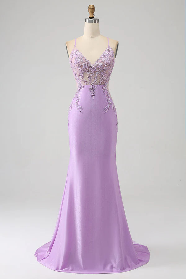 Trendy Mermaid Spaghetti Straps Lilac Long Prom Dress with Appliques Beading simple gentle atmospheric and unique desi