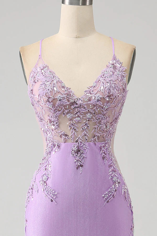 Trendy Mermaid Spaghetti Straps Lilac Long Prom Dress with Appliques Beading simple gentle atmospheric and unique desi