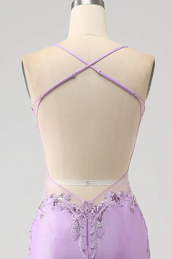 Trendy Mermaid Spaghetti Straps Lilac Long Prom Dress with Appliques Beading simple gentle atmospheric and unique desi