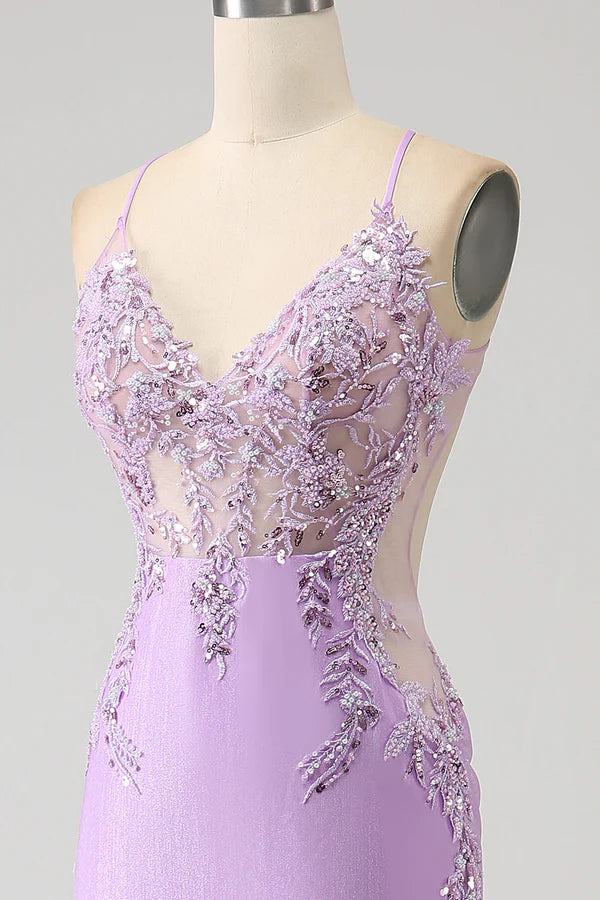 Trendy Mermaid Spaghetti Straps Lilac Long Prom Dress with Appliques Beading simple gentle atmospheric and unique desi
