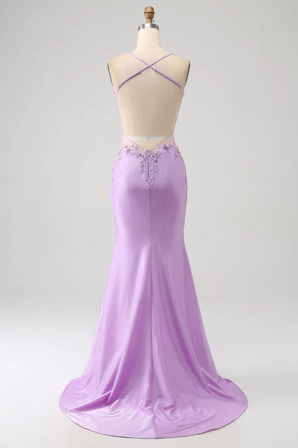 Trendy Mermaid Spaghetti Straps Lilac Long Prom Dress with Appliques Beading simple gentle atmospheric and unique desi