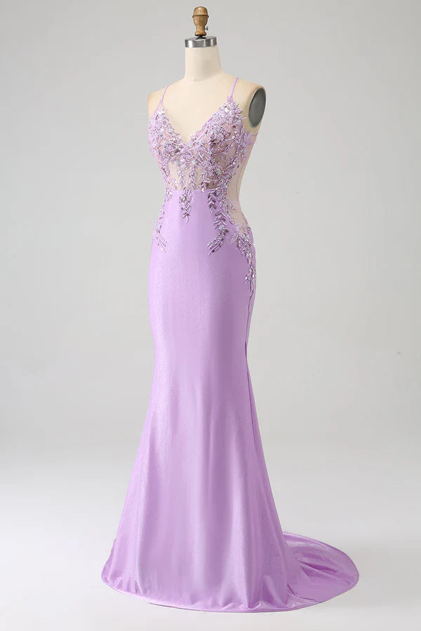 Trendy Mermaid Spaghetti Straps Lilac Long Prom Dress with Appliques Beading simple gentle atmospheric and unique desi