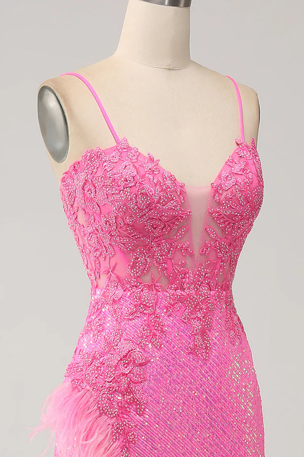 Trendy Mermaid Spaghetti Straps Pink Sequins Long Prom Dress with Appliques simple gentle atmospheric and unique desi