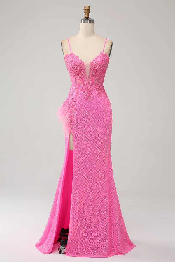 Trendy Mermaid Spaghetti Straps Pink Sequins Long Prom Dress with Appliques simple gentle atmospheric and unique desi