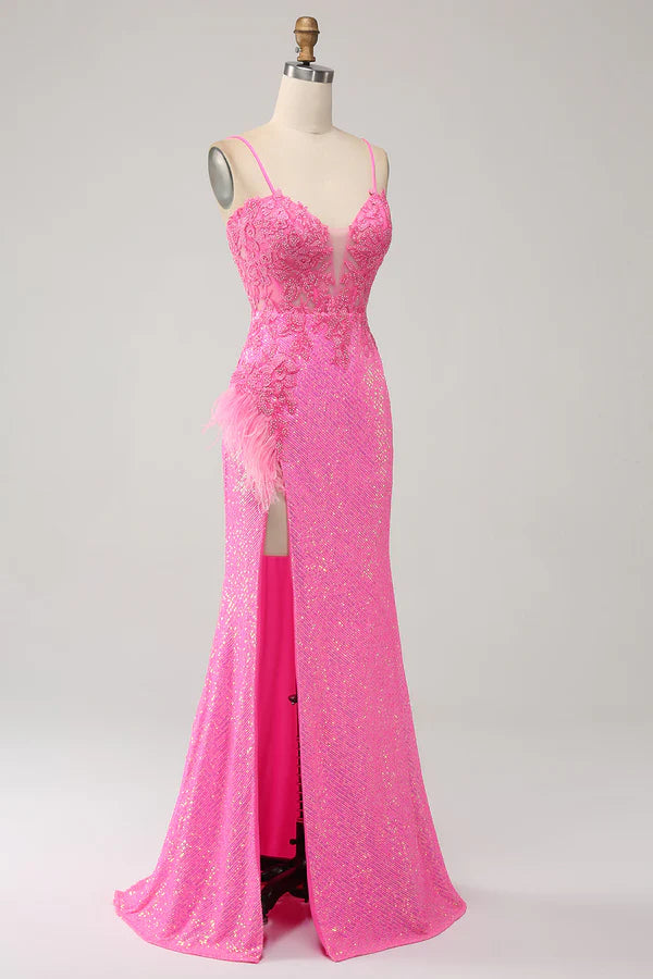 Trendy Mermaid Spaghetti Straps Pink Sequins Long Prom Dress with Appliques simple gentle atmospheric and unique desi