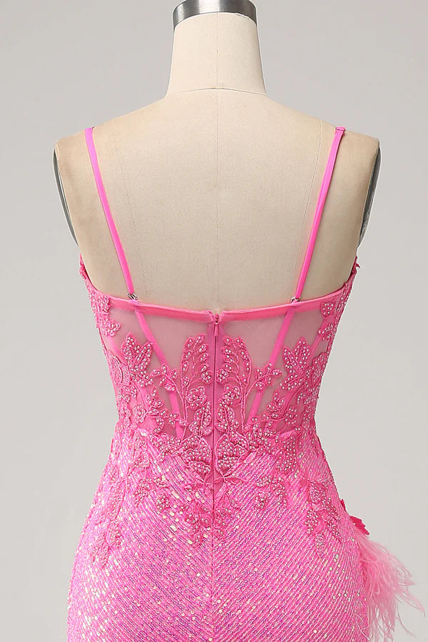 Trendy Mermaid Spaghetti Straps Pink Sequins Long Prom Dress with Appliques simple gentle atmospheric and unique desi