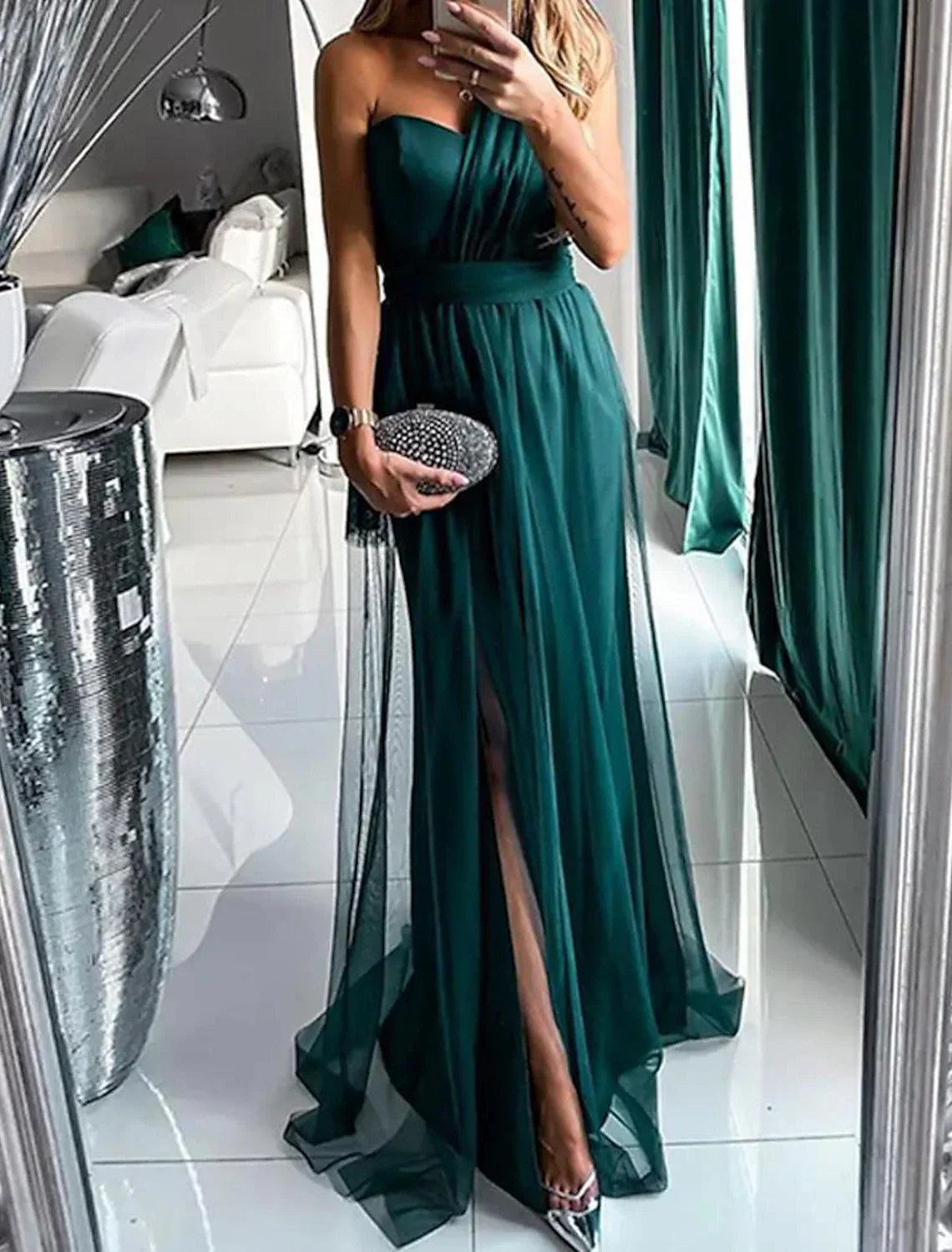 Trumpet Evening Gown Emerald Green Dress Prom Formal Evening Court Train Sleeveless Spaghetti Strap Satin simple gentle atmospheric and unique desi Bring summer colors to enhance whiteness