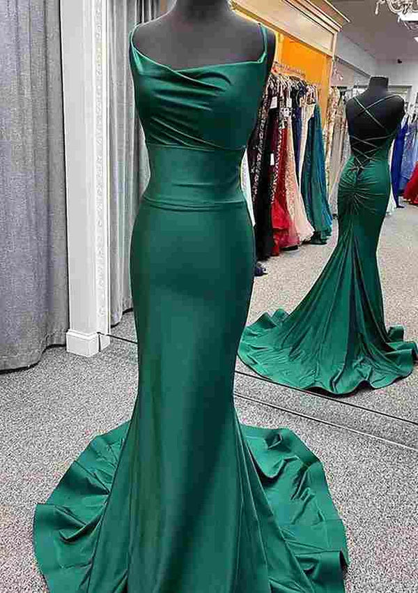 Trumpet/Mermaid Cowl Neck Spaghetti Straps Prom Dress/Evening Dress with Pleated Sweep Train Jersey Simple gentle atmospheric and unique design