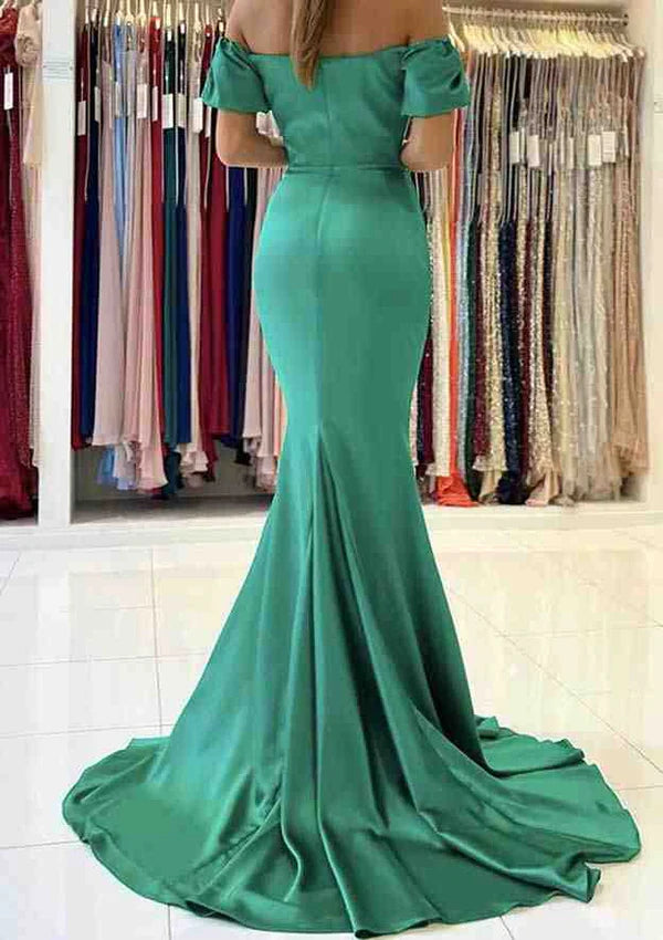 Trumpet/Mermaid Off-the-Shoulder Satin Prom Dress/Evening Dress With Pleated Sweep Train Simple gentle atmospheric and unique design