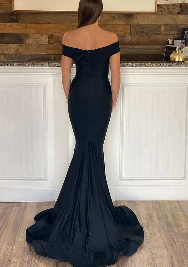 Trumpet/Mermaid Off-the-Shoulder Short Sleeve Jersey Prom Dress/Evening Dress with Sweep Train Simple gentle atmospheric and unique design