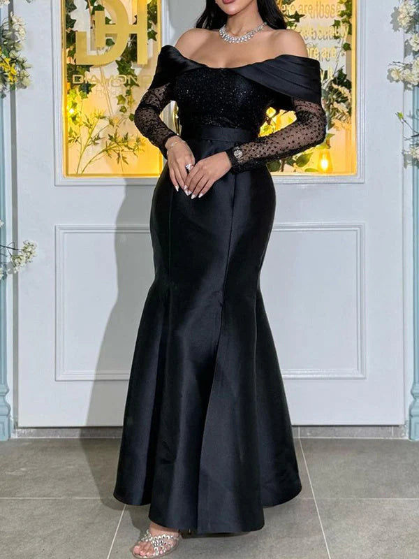 Trumpet Off-The-Shoulder Long Sleeves Floor-Length High Split Sequins Satin Evening Dresses simple gentle atmospheric and unique desi Bring summer colors to enhance whiteness