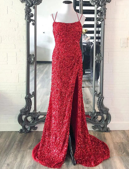 Trumpet Prom Dresses Sparkle & Shine Dress Party Wear Wedding Party Floor Length Sleeveless Spaghetti Strap Sequined with Sequin simple gentle atmospheric and unique desi Bring summer colors to enhance whiteness