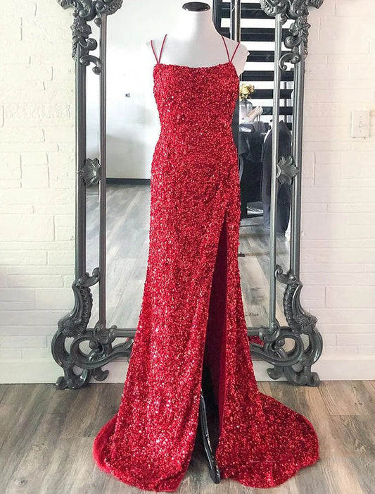 Trumpet Prom Dresses Sparkle & Shine Dress Party Wear Wedding Party Floor Length Sleeveless Spaghetti Strap Sequined with Sequin simple gentle atmospheric and unique desi Bring summer colors to enhance whiteness