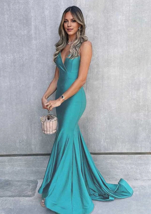 Trumpet/Mermaid V-Neck Sleeveless Jersey Prom Dress/Evening Dress with Sweep Train Simple gentle atmospheric and unique design