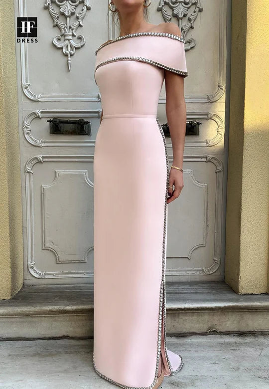 Tube Top Off-Shoulder Sleeveless Floor-Length Formal Gowns Beaded High Slit Fitted Evening Dress simple gentle atmospheric and unique desi Bring summer colors to enhance whiteness