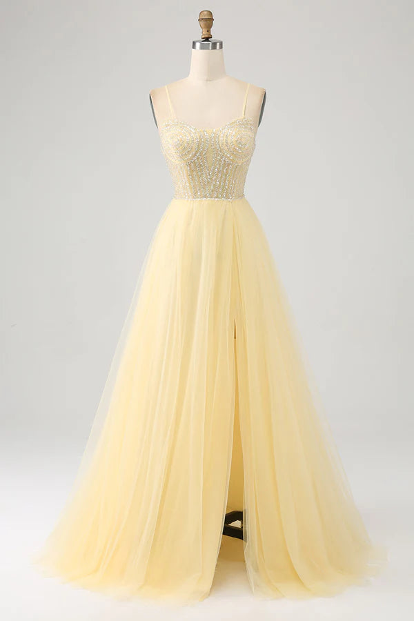 Tulle Beaded Light Yellow Prom Dress with Slit simple gentle atmospheric and unique desi