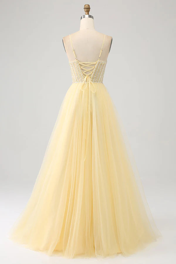 Tulle Beaded Light Yellow Prom Dress with Slit simple gentle atmospheric and unique desi
