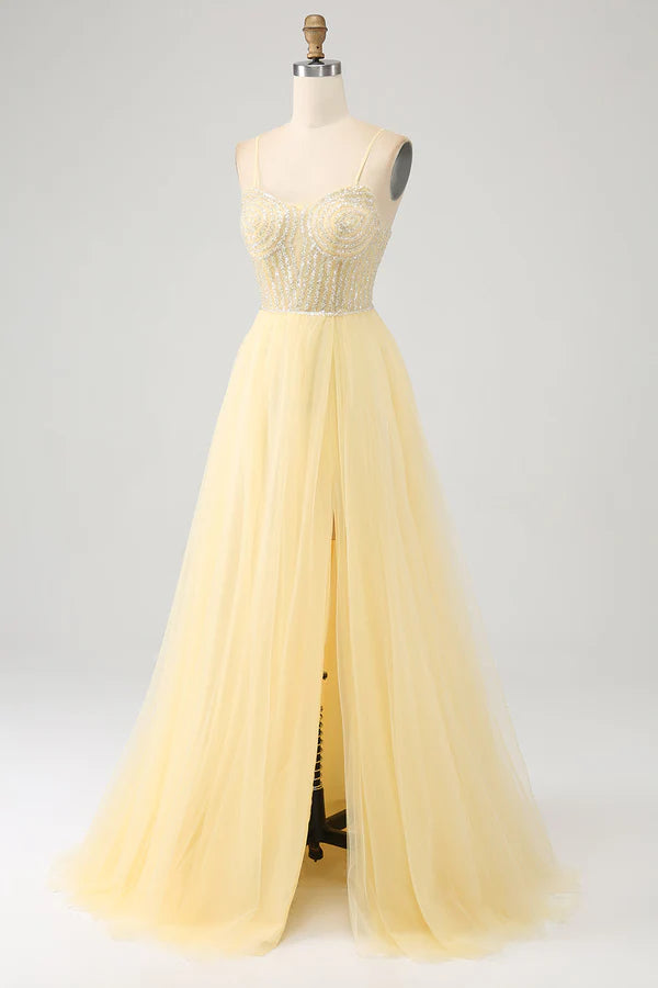Tulle Beaded Light Yellow Prom Dress with Slit simple gentle atmospheric and unique desi
