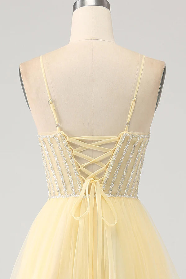 Tulle Beaded Light Yellow Prom Dress with Slit simple gentle atmospheric and unique desi