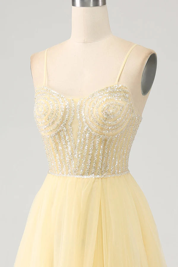 Tulle Beaded Light Yellow Prom Dress with Slit simple gentle atmospheric and unique desi