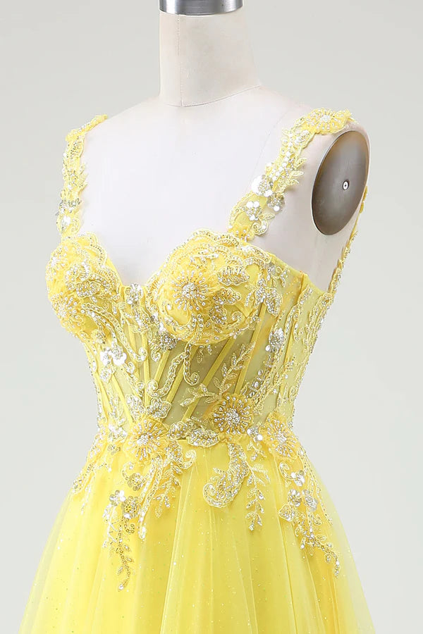 Tulle Beaded Yellow Corset Prom Dress with Slit simple gentle atmospheric and unique desi