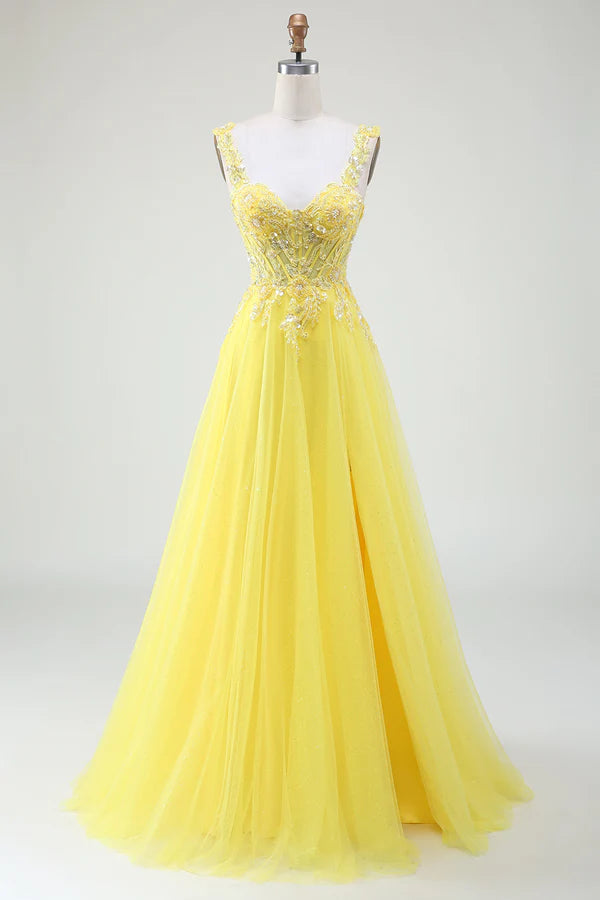 Tulle Beaded Yellow Corset Prom Dress with Slit simple gentle atmospheric and unique desi