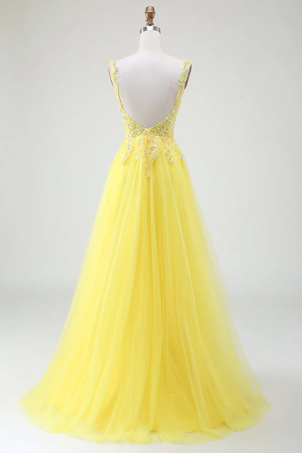 Tulle Beaded Yellow Corset Prom Dress with Slit simple gentle atmospheric and unique desi