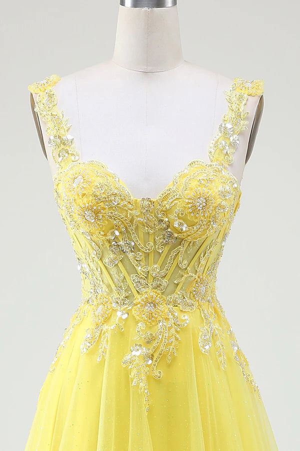 Tulle Beaded Yellow Corset Prom Dress with Slit simple gentle atmospheric and unique desi