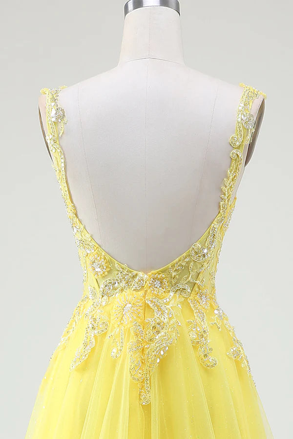 Tulle Beaded Yellow Corset Prom Dress with Slit simple gentle atmospheric and unique desi