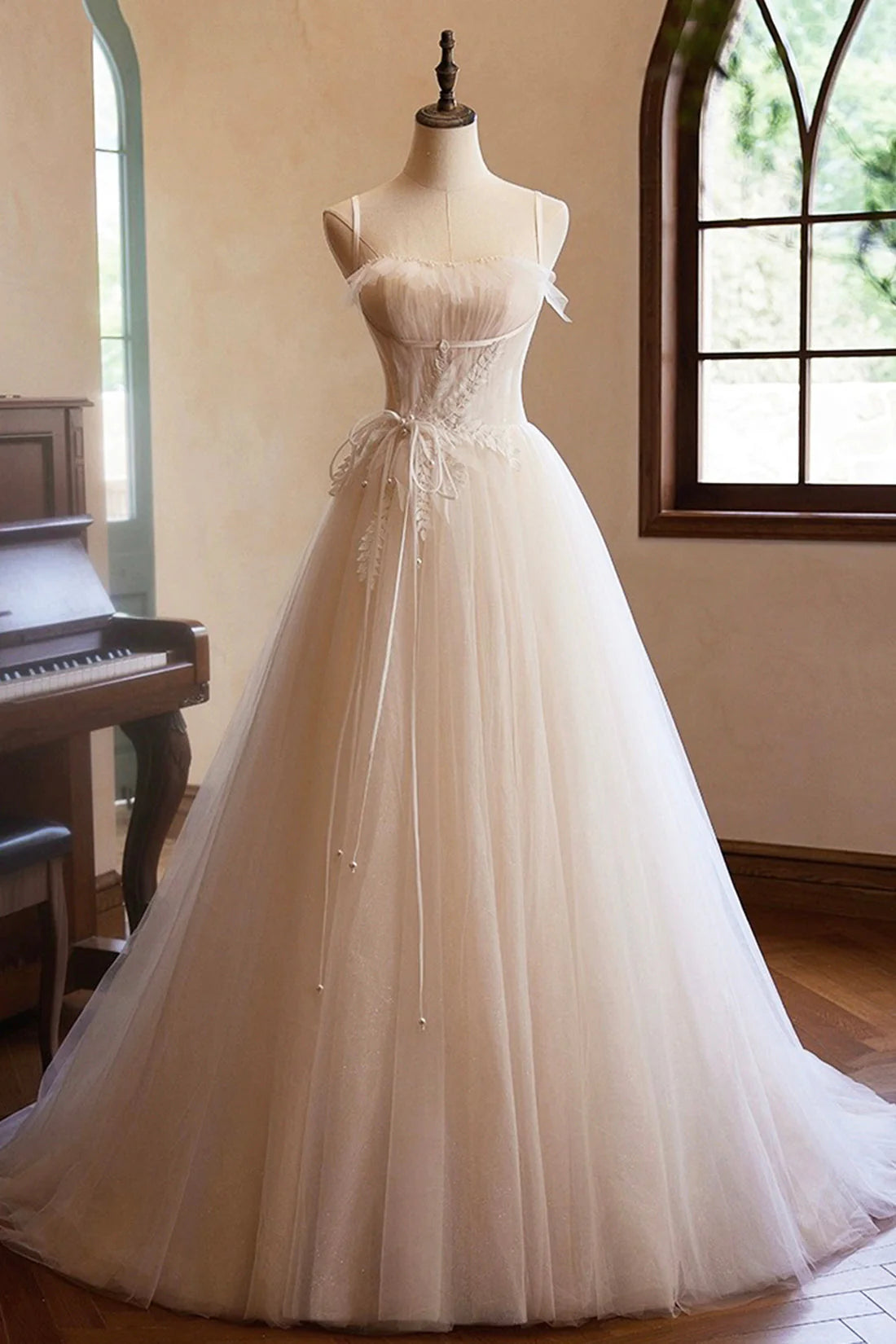 Tulle Lace Long Prom Dress, A-Line Spaghetti Straps Backless Evening Dress simple gentle atmospheric and unique desi Bring summer