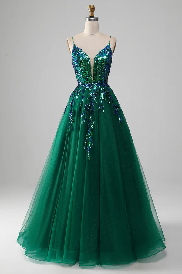 Tulle Spaghetti Straps Dark Green Prom Dress with Sequins Simple gentle atmospheric and unique desig