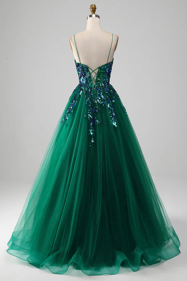 Tulle Spaghetti Straps Dark Green Prom Dress with Sequins Simple gentle atmospheric and unique desig