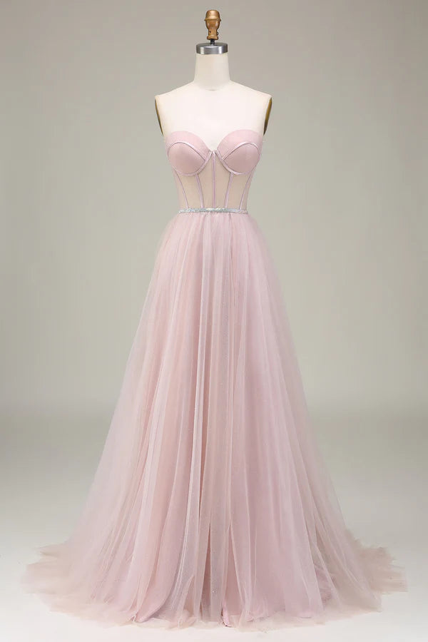 Tulle Sweetheart Light Pink Prom Dress with Corset Simple gentle atmospheric and unique desig