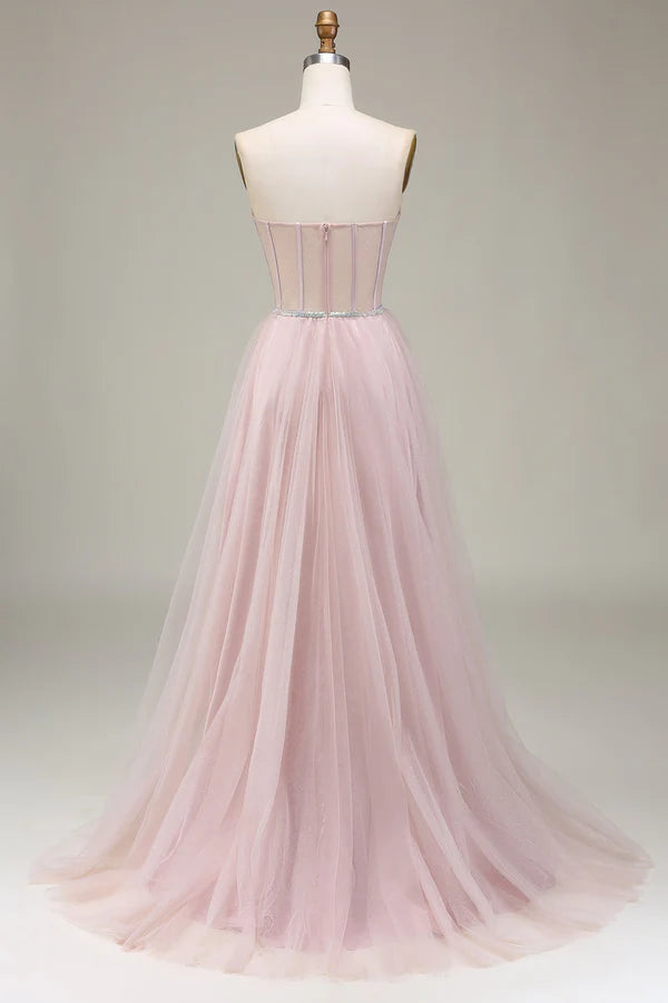 Tulle Sweetheart Light Pink Prom Dress with Corset Simple gentle atmospheric and unique desig