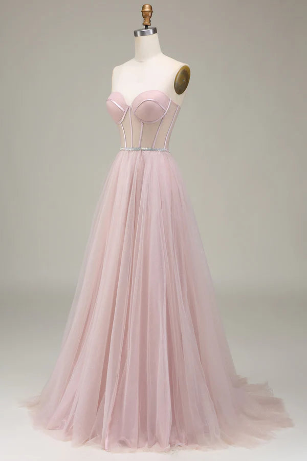 Tulle Sweetheart Light Pink Prom Dress with Corset Simple gentle atmospheric and unique desig