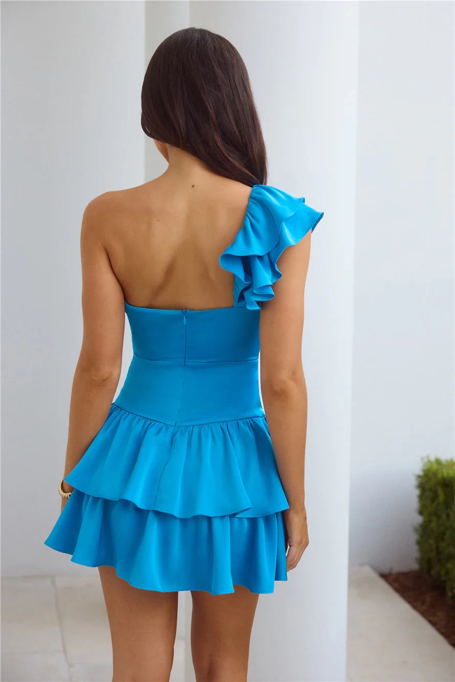 Turquoise One-Shoulder Ruffled Mini Dress with Bow Detail Tiered frill skirt  Short Prom Dress