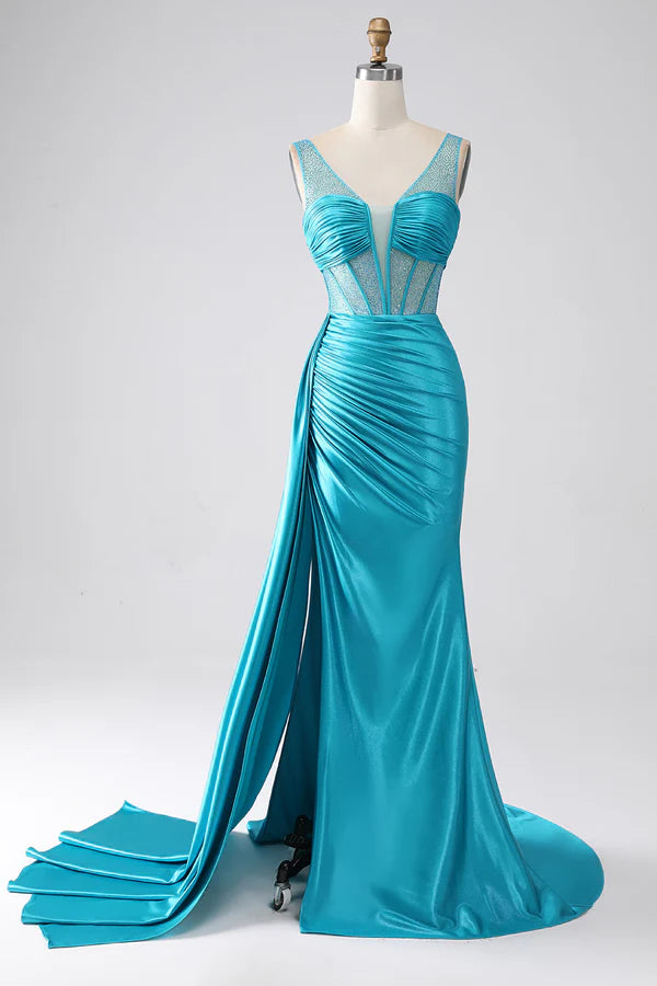 Turquoise Mermaid V-Neck Sweep Train Pleated Corset Beaded Prom Dress simple gentle atmospheric and unique desi