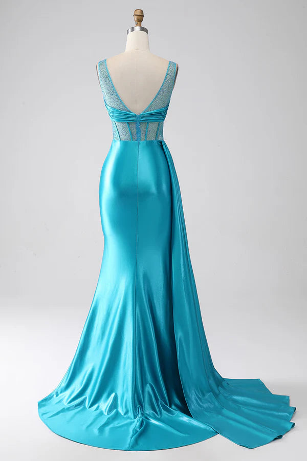Turquoise Mermaid V-Neck Sweep Train Pleated Corset Beaded Prom Dress simple gentle atmospheric and unique desi