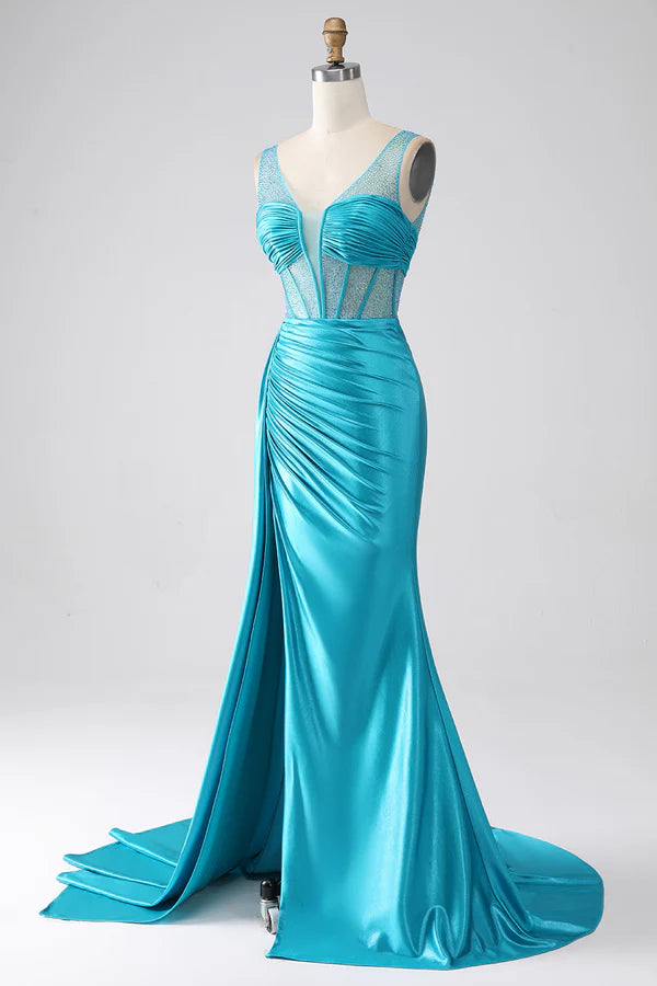 Turquoise Mermaid V-Neck Sweep Train Pleated Corset Beaded Prom Dress simple gentle atmospheric and unique desi