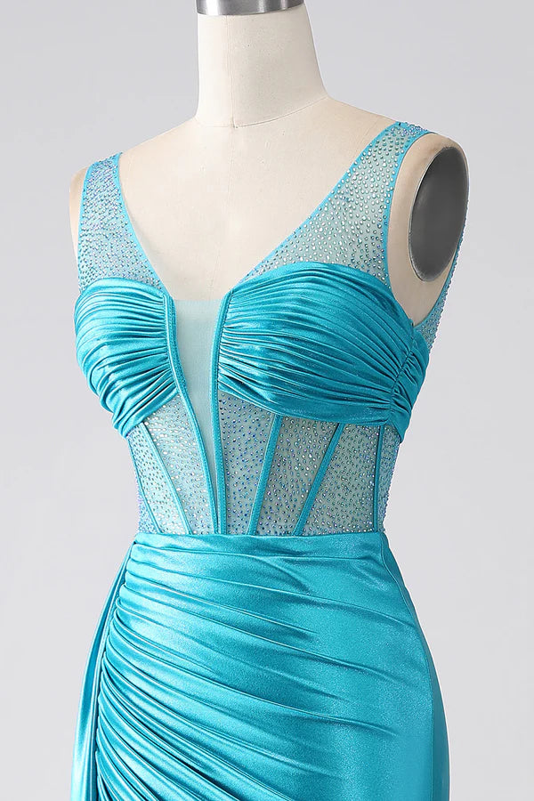 Turquoise Mermaid V-Neck Sweep Train Pleated Corset Beaded Prom Dress simple gentle atmospheric and unique desi