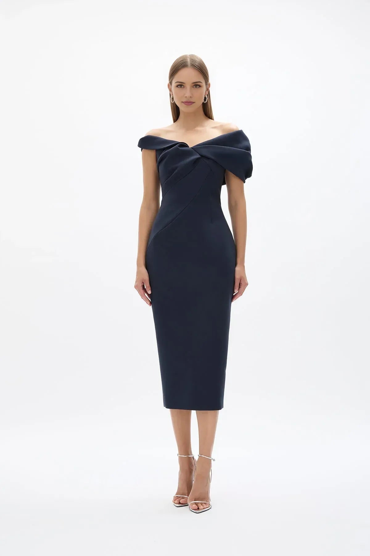 Twisted Sheath Off the Shoulder Sleeveless Zipper Back High Slit Midi Length For Ladies Prom Dress
