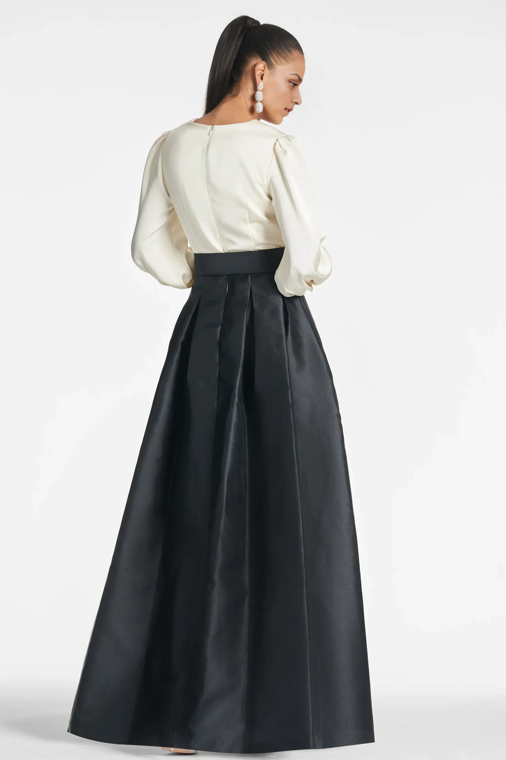 Two Tone Balloon Sleeve Ballgown V Neck Long Sleeve Zipper Back Floor Length For Women Evening Dress